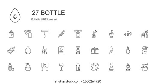 bottle icons set. Collection of bottle with window cleaner, sponge, milk, wine glass, wine, perfume, vodka, detergent, milk jar, sun cream. Editable and scalable bottle icons.