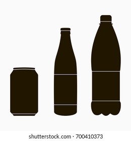 Bottle icons set - metal can, glass and plastic. Vector illustration.