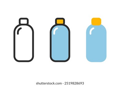 Ilustración de botella aislada sobre fondo blanco en 3 variaciones coloridas. Iconos del vector en estilo plano