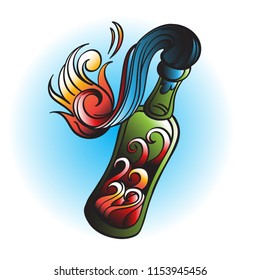 Bottle with incendiary mixture illustration in the style of an old school tattoo.
