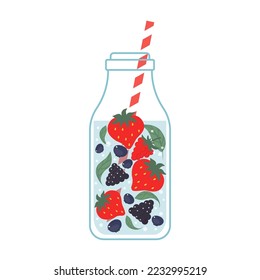A bottle of infused water with fruit slices and a straw. Healthy summer drinks for refreshment and fitness. Homemade fruit and vegetables water with seasonal ingredients.