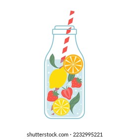 A bottle of infused water with fruit slices and a straw. Healthy summer drinks for refreshment and fitness. Homemade fruit and vegetables water with seasonal ingredients.