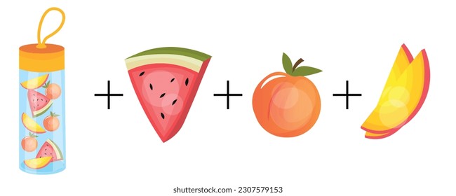 Bottle of infused water and ingredients on white background