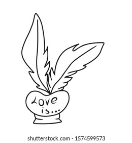 A bottle with the inscription love it ... in which two feathers.Valentine's day
 .On hand-drawn, on a white isolated background.Design for greeting card,banner, coloring.
