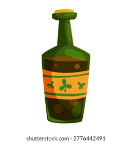 Bottle of Irish beer, alcohol brewing. Decorative clip art for Saint Patrick's Day holiday promotions, advertisements, and invitations; graphic design element and vector sticker.