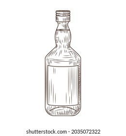 Bottle isolated on white background. Vintage sketch brown outline close up. Design engraved style. Vector illustration