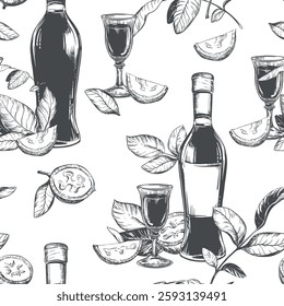 Bottle of Italian liqueur Nocino, glass with aperitif. Vector seamless pattern in engraving technique. Unripe walnut seeds whole and halves, leaves and branches. Linear sketch in black ink.