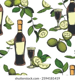 Bottle of Italian liqueur Nocino, glass with aperitif. Vector seamless pattern in color engraving technique. Unripe walnut seeds whole and halves, leaves and branches. Linear sketch in ink.
