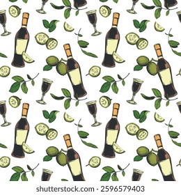 Bottle of Italian liqueur Nocino, glass with aperitif. Vector seamless pattern in color engraving technique. Unripe walnut seeds whole and halves, leaves and branches. Linear sketch in ink.