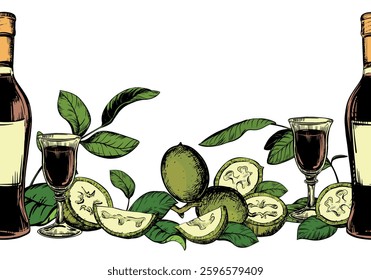 Bottle of Italian liqueur Nocino, glass with aperitif. Vector seamless pattern in color engraving technique. Unripe walnut seeds whole and halves, leaves and branches. Linear sketch in black ink.