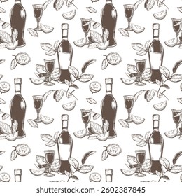 Bottle of Italian liqueur Nocino, glass with aperitif. Vector seamless pattern in engraving technique. Unripe walnut seeds whole and halves, leaves and branches. Linear sketch in black ink.