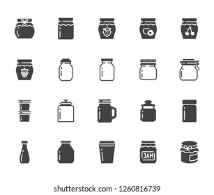 Bottle of jam flat glyph icons. Glass packaging for fruit confiture, raspberry strawberry jelly container vector illustrations. Signs for sweet food store. Solid silhouette pixel perfect 64x64.