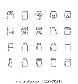 Bottle of jam flat line icons. Glass packaging for fruit confiture, raspberry strawberry jelly container vector illustrations. Thin signs for sweet food store. Pixel perfect 64x64. Editable Strokes.