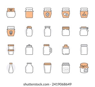 Frasco de los iconos de la línea plana de la mermelada. Embalaje de vidrio para confitura de frutas, pozzy de frambuesa, gelatina de fresa, ilustraciones vectoriales de mermelada. Señales delgadas para la tienda de productos dulces. Color naranja. Estroques editables