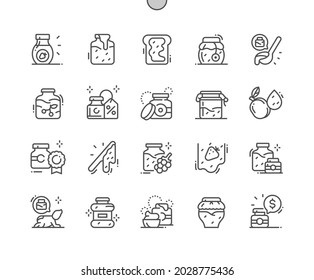 Bottle of jam. Homemade jam. Sweet dessert. Organic food. Cherry jam. Pixel Perfect Vector Thin Line Icons. Simple Minimal Pictogram