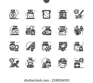 Bottle of jam. Homemade jam. Sweet dessert. Organic food. Cherry jam. Vector Solid Icons. Simple Pictogram