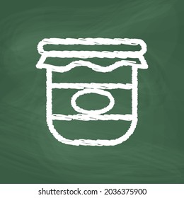 Bottle of jam line Icon design, white chalk. Draw a picture on the blackboard.