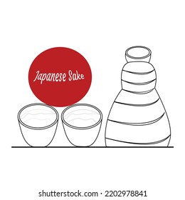 bottle of Japanese Sake Oriental culture and tradition of the Drink Vector illustration in the style of lines art for logo or business printing template