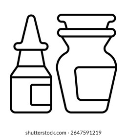 Bottle and jar of cold medicine thin line icon, pharmacy concept. Vector graphics. Medicine bottle pair sign on white background, style mobile or design