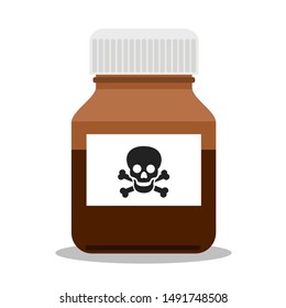 Bottle, Jar And Container For Madicine Has Warning Label - Danger Of Overdosage By Drug, Medicine, Pill And Poisonous Poison. Vector Illustration