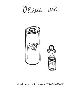 Frasco de aceite de oliva virgen fresco extra. Ilustración del doodle.