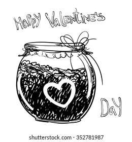 bottle jar with heart jam inside. Card. Vector illustration. happy Valentines day concept.