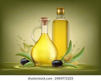 Bottle and jar with olive oil and a branch with olive fruits. Stock vector illustration