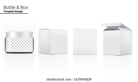 Bottle Jar Transparent Mock up Realistic Cosmetic and Box for Skincare Product or medicine on White Background Illustration. Health Care and Medical Concept Design.