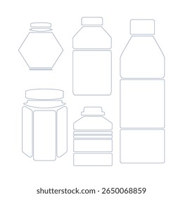 Bottle and jars icon set outline. Plastic bottles and glass jars. Mineral water. Bottled beverage, cream, pills, powder, colon line bottles symbol. Vector.