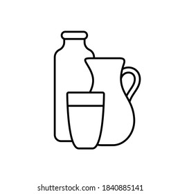 Bottle, jug and glass with drink. Linear icon of milk, cream, kefir, yogurt or ryazhenka. Black simple illustration of farm dairy products. Contour isolated vector pictogram on white background