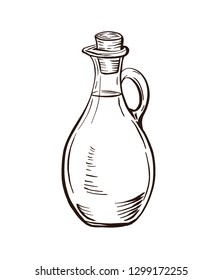 Bottle and Jug glass of liquid with cork stopper. Olive oil. Hand drawn design element. Vintage engraving illustration for logotype, poster, web.