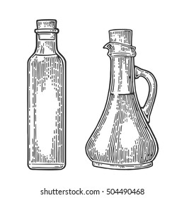 Bottle and Jug glass of liquid with cork stopper. Olive oil. Hand drawn design element. Vintage black vector engraving illustration for logotype, poster, web. Isolated on white background.