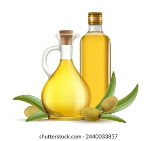 Bottle and jug with olive oil and a branch with olive fruits. Isolated on a white background. Stock vector illustration