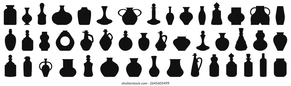 Bottle and jug silhouette collection. Oil, potion, alcohol, perfume black bottle silhouette. Set of black jug silhouette