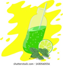 Bottle of juice, fresh, mojito, mint and lemon