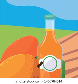 bottle juice and fruit mango table outdoors