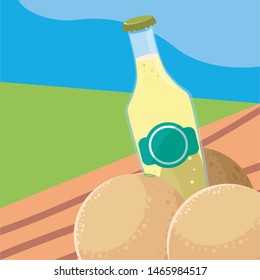 bottle juice and fruit melons table outdoors
