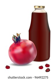 Bottle of juice and ripe piece grenade on white background