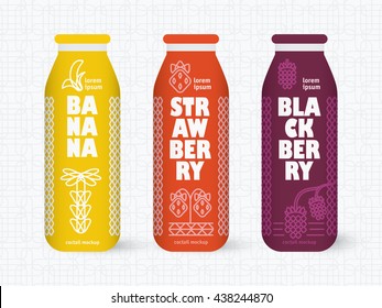 Bottle of juice, sugar water, tea or cocktail with drawing strawberry, blackberry and banana. Retro texture on the background. Concept design for juice or cocktail.