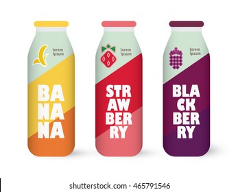 Bottle of juice, sugar water, tea or cocktail with drawing strawberry, blackberry and banana. Isolated on the white background. Concept design for juice or cocktail.