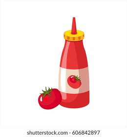 Bottle Of Ketchup And Fresh Tomato, Street Fast Food Cafe Menu Item Colorful Vector Icon