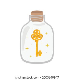 Bottle with key inside. Concept password protection. Vector illustration isolated on white background.