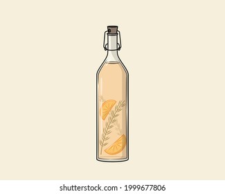 Bottle of kombucha or lemonade with orange and rosemaries inside. Vector illustration of retro bottle with swing stopper, flip top.