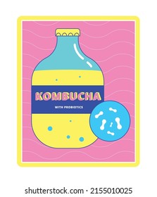 Bottle of kombucha tea drink rich in beneficial probiotics. Glass jar with fermented tea,
Chinese mushroom and bubbles. Healthy eating, detox diet