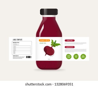 Bottle label of beatroot juice smoothie drink. Label and banner design. Natural organic food label.