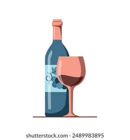 Bottle with label and glass of red wine. Wine tasting concept for events, poster, banner, bar or restaurant menu design. Alcoholic drink in flat style. Vector illustration isolated on white background