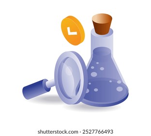 Bottle of laboratory experiment results test with magnifying glass