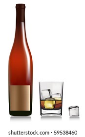 Bottle and lass with whiskey and ice cubes. Vector.