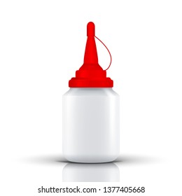 Bottle Of Latex Glue Or Liquid With Red Top Vector. Realistic School Supply Mockup Of Bottle. Plastic Packing Container Blank Label. Using For Conglutination. Isolated 3d Illustration