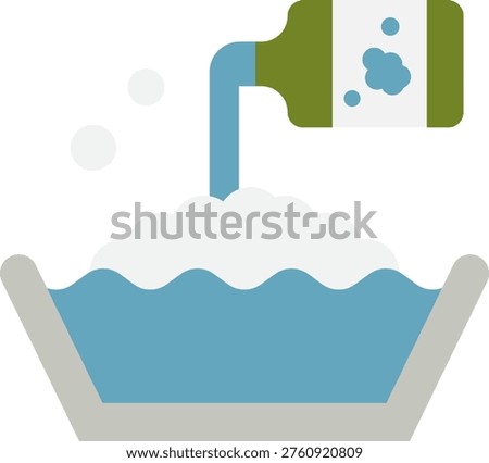 A bottle of laundry detergent is being poured into a basin filled with water and soap suds. This illustration would be suitable for use in articles about washing clothes or choosing laundry products.